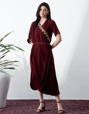WINE GOLD LEAF COWL DRESS