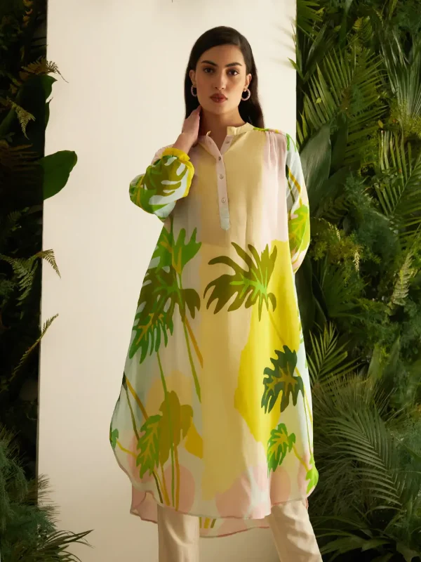 YELLOW PALMS GATHERED TUNIC