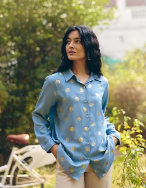 DENIM BLUE POLKA FOIL PROM SHIRT