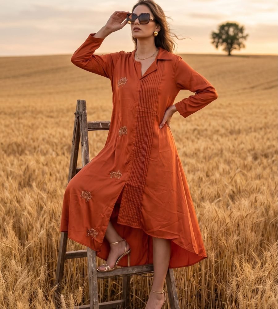 RUST HALF PLEATED BEADED DRESS